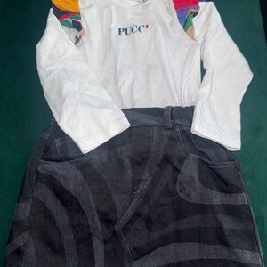 Emilio Pucci White Top and Black Patterned Skirt Kids Matching Set